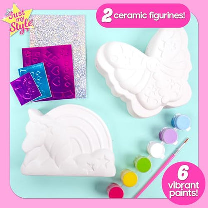 Just My Style Paint & Sparkle Figurines, Paintable Unicorn Rainbow & Butterfly Photo Holder, Create Funky Decor, Includes Art Supplies, Stickers &