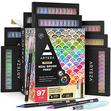 ARTEZA Real Brush Pens, 96 Drawing Pens Pack, Flexible Brush Tips, Professional Watercolor Pens, Drawing Markers, Non-Toxic, for Artists, Hobbyists, ARTEZA