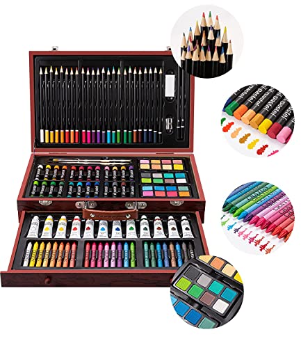 Art Supplies, Deluxe Wooden Art Set Crafts Drawing Painting Kit with 12 Watercolor Paints, 12 Brushes, 2 Sketch Pads, 2 Canvas Boards, Palette, VigorFun