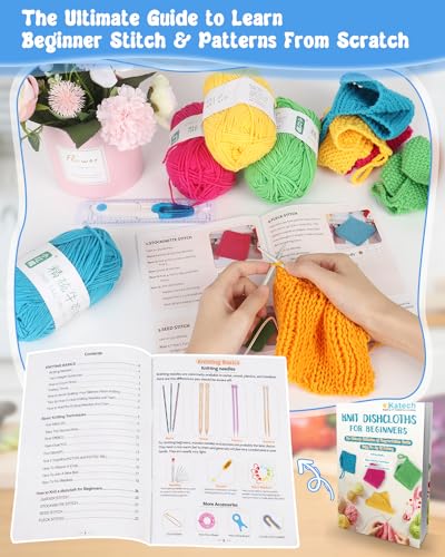 Katech Knitting Kit for Beginners-Learn to Knit Dishcloth-Beginner Knitting Kit for Adults Kids with Knitting Book, Knitting Needles, Soft Wool Yarn, Katech