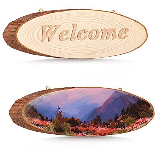 MIKIMIQI Large Natural Wood Slices 4 Pcs 10-12 Inch Unfinished Oval Shaped Wooden Slices Craft Rustic Wood Circle with Rope for Street Sign Billboard
