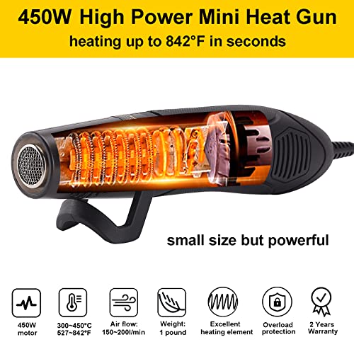 Mini Heat Gun, 450W 527~842°F Dual Temperature Small Heat Gun for Wrapping and Embossing Crafts, Handheld Heat Shrink Gun with Reflector Nozzle and Shrink Tubing for Wire Connectors, ROLAYSEE TOOLS