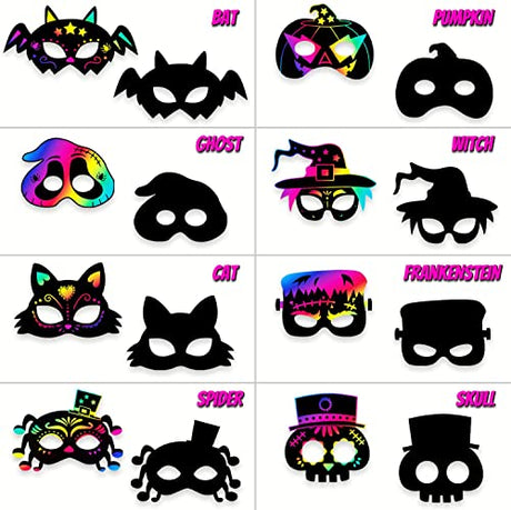 Magic Masks, 8PCS Rainbow Scratch Paper Halloween Masks DIY Art Craft Kit Ghost Skeleton Cat Witch Pumpkin Bat Spider Mask Decorations for Kids Holiberty