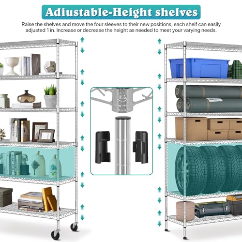 YRLLENSDAN 6000Lbs Capacity Adjustable Storage Shelves Heavy Duty Shelving Unit 6 Tier Metal Shelving with Wheels NSF Wire Shelving (48" W x 18" D x YRLLENSDAN