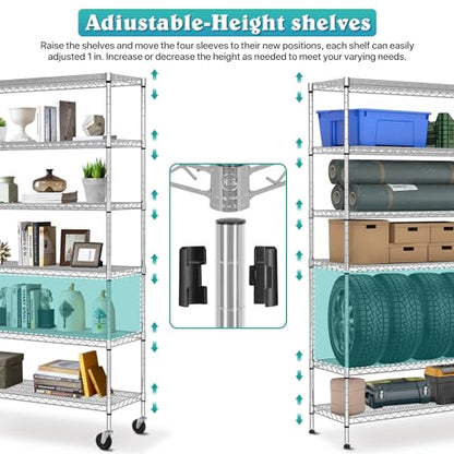 YRLLENSDAN 6000Lbs Capacity Adjustable Storage Shelves Heavy Duty Shelving Unit 6 Tier Metal Shelving with Wheels NSF Wire Shelving (48" W x 18" D x - WoodArtSupply