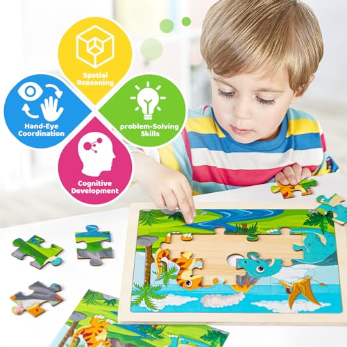 Art Set & 4 Pack Wooden Dinosaur Puzzles for Kids - WoodArtSupply