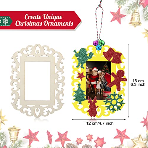144 Pieces Unfinished Christmas Wooden Ornament Kits for Crafts, 24 Pieces Wooden Picture Frames Cutouts with Bells EVA Stickers, Wood Slices Photo Youyole
