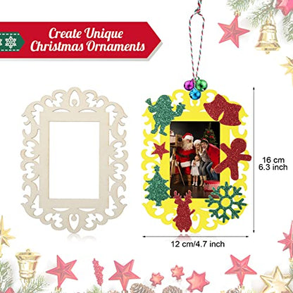 144 Pieces Unfinished Christmas Wooden Ornament Kits for Crafts, 24 Pieces Wooden Picture Frames Cutouts with Bells EVA Stickers, Wood Slices Photo - WoodArtSupply