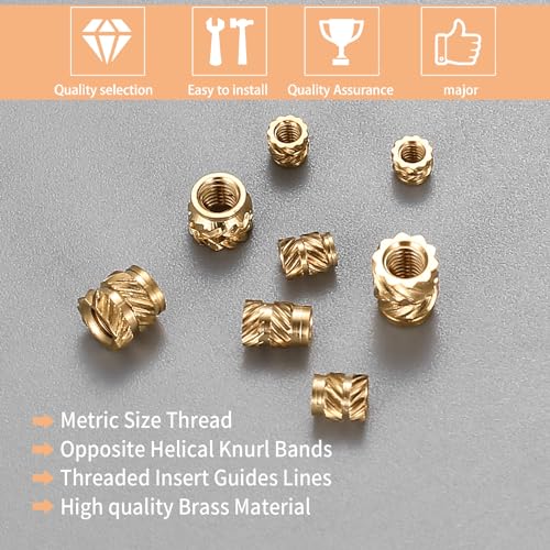 qxayxa 305 Pcs Knurled Thread Insert Nuts, Brass Threaded Inserts, M2 M2.5 M3 Female Thread Heat Set Inserts, Embedment Nuts Inserts Kit Pressed Fit qxayxa