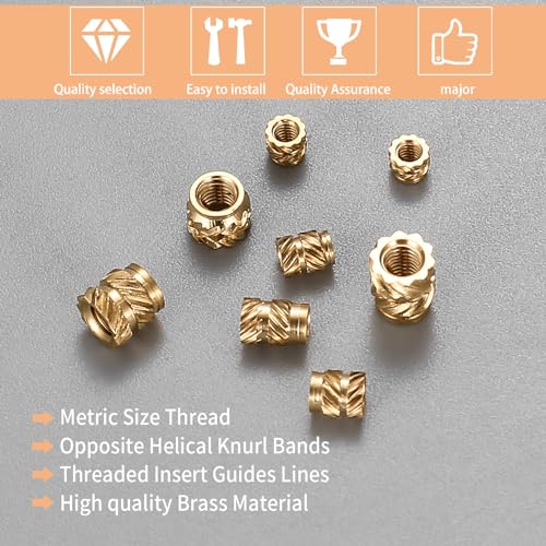 qxayxa 305 Pcs Knurled Thread Insert Nuts, Brass Threaded Inserts, M2 M2.5 M3 Female Thread Heat Set Inserts, Embedment Nuts Inserts Kit Pressed Fit - WoodArtSupply