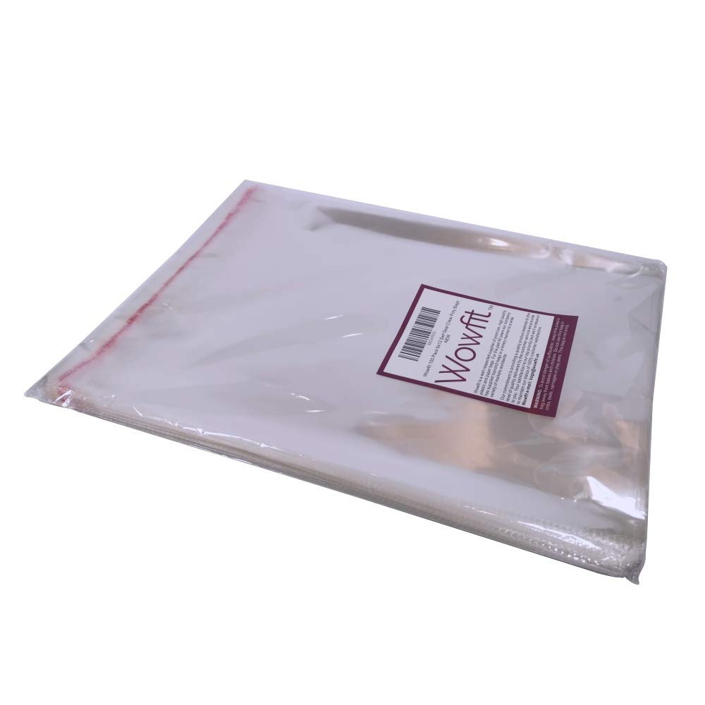 Wowfit 100 Count 9x12 inches Clear Cellophane Plastic Bags, Resealable Self-Sealing Cello Bags Great for Clothes, Shirts, Pants, Foods, Flyers, More Wowfit
