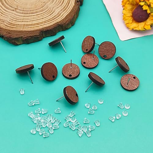 50pcs Wooden Stud Earrings Post for Jewelry Making,Wood Earring Posts with Loop Walnut Wood Stud Earring Blanks with 100pcs Plastic Ear Nuts for DIY Oubaka