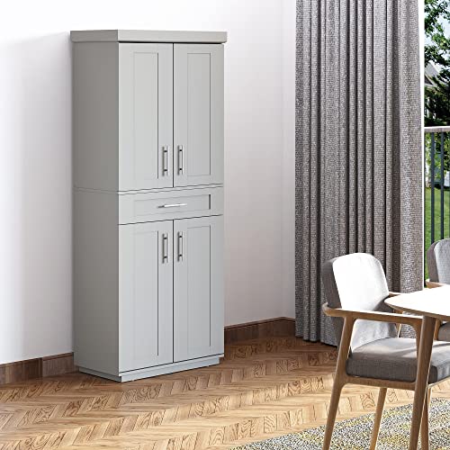 HOMCOM Modern Kitchen Pantry Freestanding Cabinet Cupboard with Doors and Drawer, Adjustable Shelving, Grey - WoodArtSupply