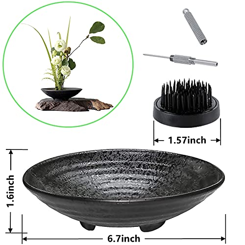 Eggone Japanese Ikebana Kit Floral Frog Flower Container with Kenzan Needle Straightening Tool - 1.57inch Black Flower Frog, 6.7inch Bowl Vase Eggone