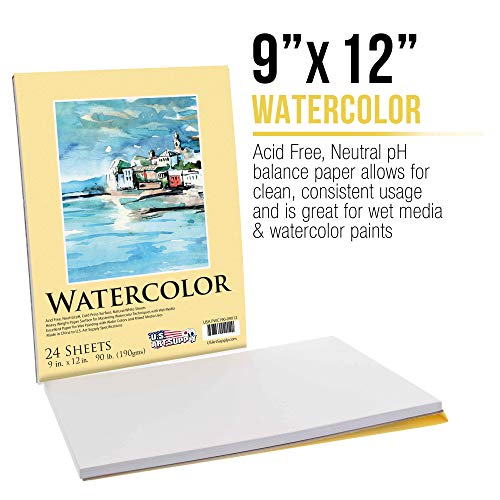 U.S. Art Supply 9" x 12" Premium Heavyweight Watercolor Painting Paper Pad, Pack of 2, 24 Sheets Each, 90 Pound (190gsm) - Cold Pressed, Acid-Free,
