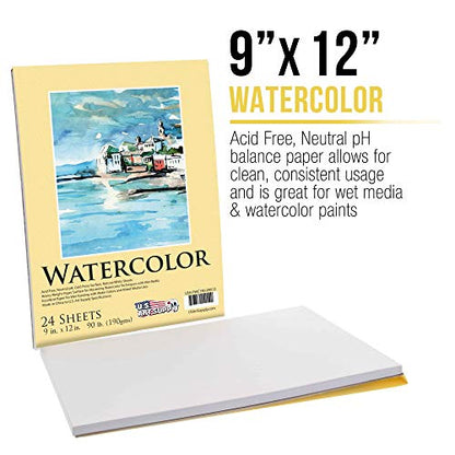 U.S. Art Supply 9" x 12" Premium Heavyweight Watercolor Painting Paper Pad, Pack of 2, 24 Sheets Each, 90 Pound (190gsm) - Cold Pressed, Acid-Free,