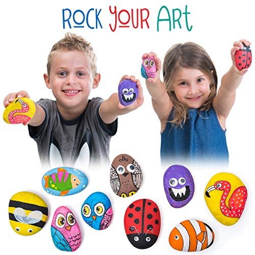 KIPIPOL Rock Painting Kit for Kids - DIY Arts and Crafts Set for Girls, Boys Ages 3, 4, 5 and Up - Fun Outdoor Activities w/10 Stones, 12 Acrylic