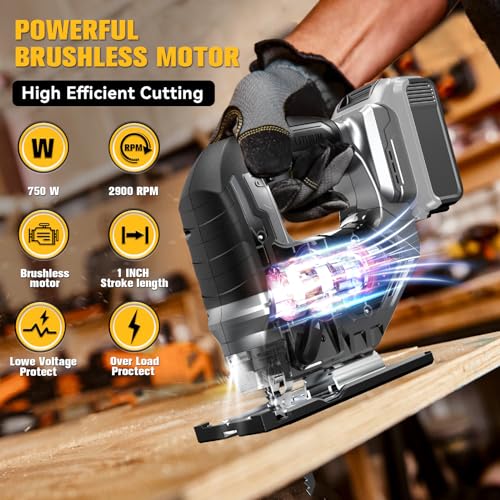 Cordless Jig Saw for Dewalt 18v 20v Max Battery, Jigsaw Tool Brushless,Variable Speed 2900 RPM, Bevel Angle (0°-45°), 3 Orbital Action, LED Light for - WoodArtSupply