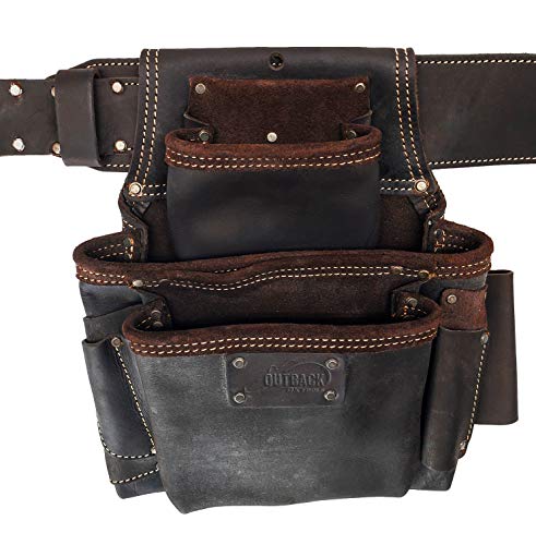 OX Tools Pro 4 Piece Carpenter Tool Belt, Construction Rig, Leather Tool Belt with Two Pouches, Hammer Holder, Tape Measure Pocket, Adjustable OX Tools