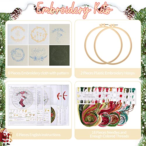 Canlierr 6 Sets Christmas Embroidery Kit with Pattern and Instructions Embroidery Starter Kit Embroidery Pattern Hoop Colored Threads Needlepoint Kit - WoodArtSupply