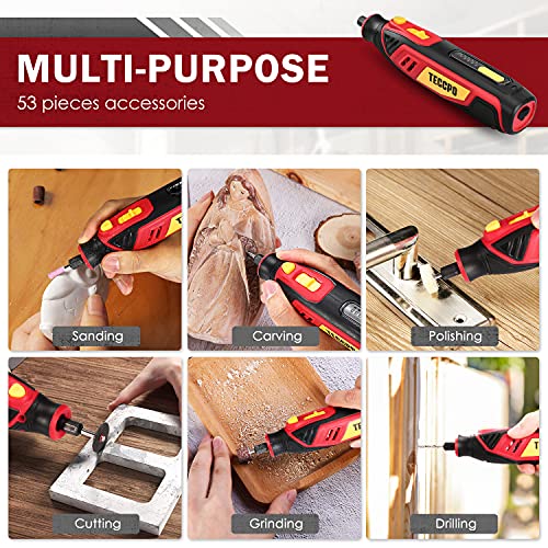 4V Cordless Rotary Tool, 5-Speed 25000RPM TECCPO Mini Power Rotary Tool with 53 Accessories, Rechargeable Rotary Tool for Grinding, Polishing, Wood TECCPO