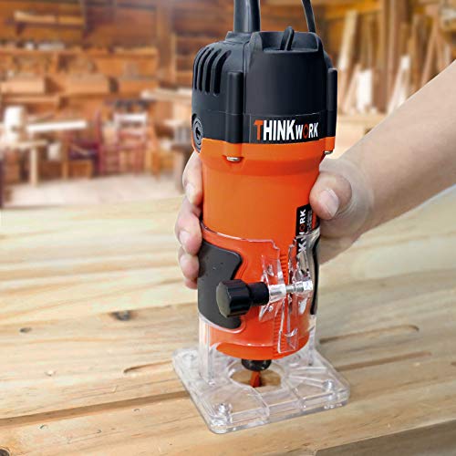 THINKWORK Compact Router, 6.5-Amp 1.25 HP Compact Wood Palm Router, Wood Trimmer with 15 pieces 1/4" Router Bits Set, 30000R/MIN THINKWORK