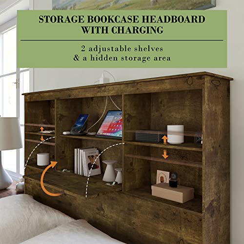 AMERLIFE Rustic Brown Queen Size Wooden Platform Bed with LED Bookcase Headboard, Storage Drawers & Charging Station - WoodArtSupply