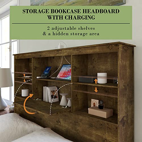AMERLIFE Rustic Brown Queen Size Wooden Platform Bed with LED Bookcase Headboard, Storage Drawers & Charging Station AMERLIFE