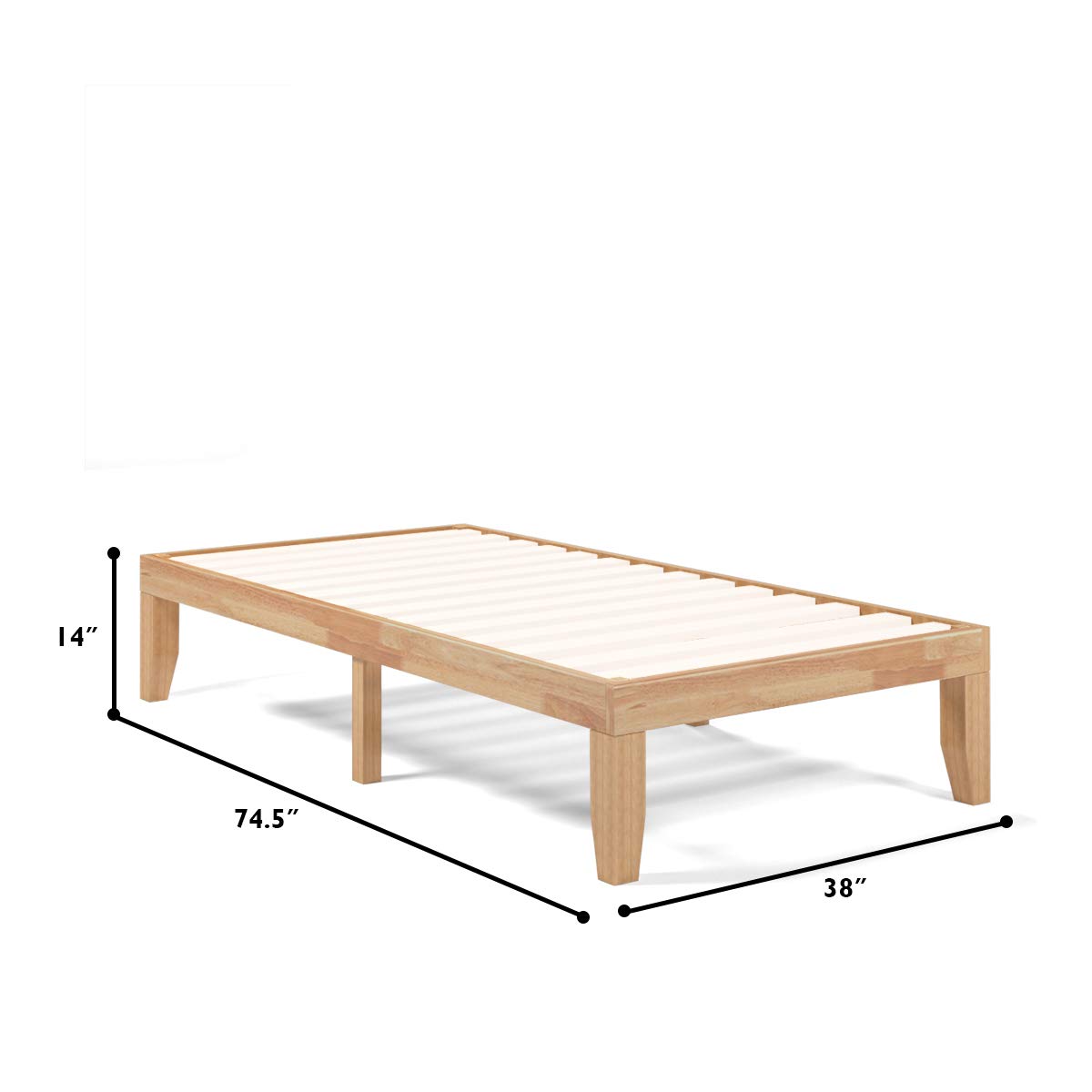 KOMFOTT 14 Inches Wood Platform Bed Frame Twin Size, Solid Wood Mattress Foundation with Rubber Wood Frame, Strong Poplar Wood Slat Support, No Box