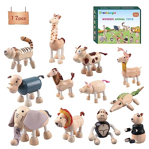 12PCS Bendable Wooden Animal Toys, Fun and Posable Animal Toys Figures for Early Education, Safari Wood Toy for Kids, Smooth Natural Wood, Wood Drachompa
