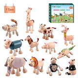 12PCS Bendable Wooden Animal Toys, Fun and Posable Animal Toys Figures for Early Education, Safari Wood Toy for Kids, Smooth Natural Wood, Wood Drachompa
