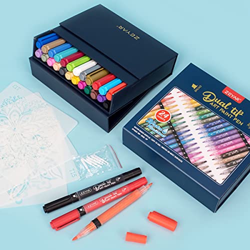 ZEYAR Dual Tip Acrylic Paint Pens 24 Colors, Board and Extra Fine Tips, Patented Product, AP Certified, Waterproof Ink, Works on Rock, Wood, Glass, ZEYAR