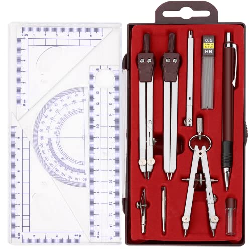 Metal Geometry Kit Set, 13PCS Math Compass and Protractors Geometry Drawing Tool Precision Set Graphic Compasses Triangle Rulers Pencils Protractor Ysglory