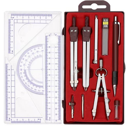 Metal Geometry Kit Set, 13PCS Math Compass and Protractors Geometry Drawing Tool Precision Set Graphic Compasses Triangle Rulers Pencils Protractor - WoodArtSupply