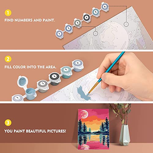 Magicfly 3 Pack Paint by Number for Adults Beginner, Moon Lake Landscape DIY Painting by Number Kit, Easy Acrylic Paint by Numbers on Canvas, 9x12 Magicfly