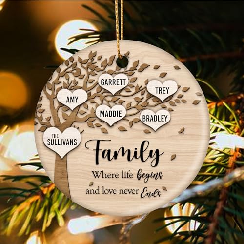 Family Where Life Begins and Never Ends Personalized 3 Inch Ceramic Christmas Ornament With Gift Box (5 Names) - WoodArtSupply