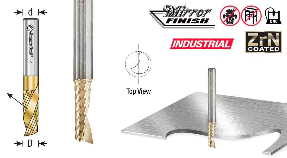 Amana Tool 51481-Z CNC SC Spiral O Single Flute Aluminum Cutting 1/4 D x 1-1/4 CH x 1/4 SHK x 3 Inch Long Up-Cut ZrN Coated Router Bit withMirror - WoodArtSupply