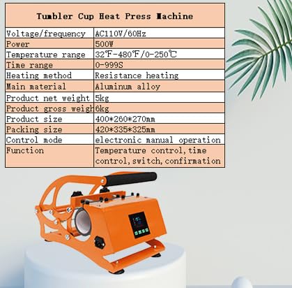 9-30 oz Mug Heat Press, Tumbler Press, DIY Sublimation, for Straight Blanks Skinny Tumblers, Fits Stainless Steel, Ceramic, Glass Tumbler, Orange - WoodArtSupply