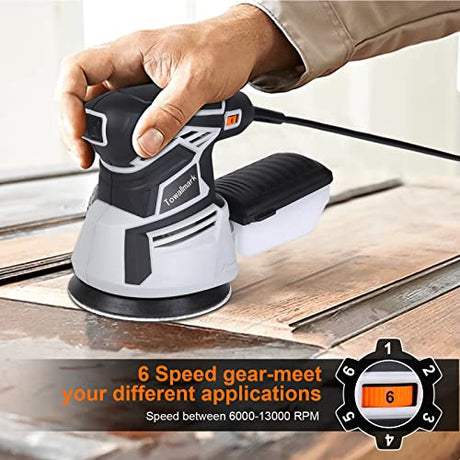 2.6A Random Orbital Sander,Towallmark 350W Orbital Sander with 6 Variable Speed,13000RPM Electric Sander with 12Pcs Sandpapers,1 Pcs Dust Box,Sander Towallmark