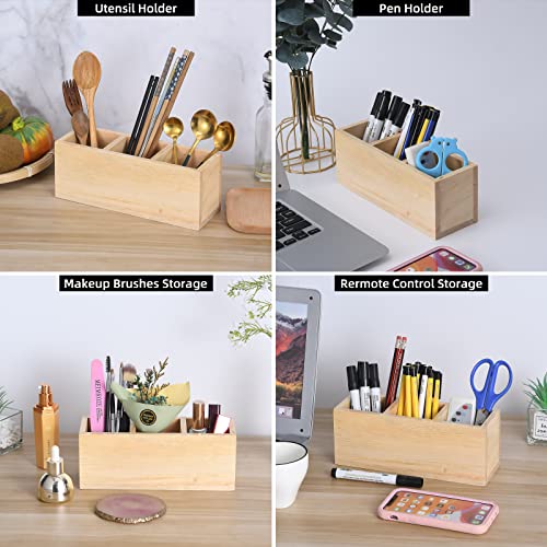 dedoot Wooden Pencil Holder Remote Holder, Unfinished 3 Compartment Wood Desk Organizers Drawer 3 Section, Rustic Remote Control Holder for