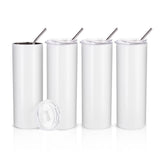 PYD Life Skinny 20 OZ Straight Stainless Steel White Tumbler with Metal Straw for Heat Press Machine Printing 4 Pack PYD Life