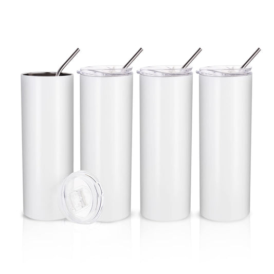 PYD Life Skinny 20 OZ Straight Stainless Steel White Tumbler with Metal Straw for Heat Press Machine Printing 4 Pack - WoodArtSupply