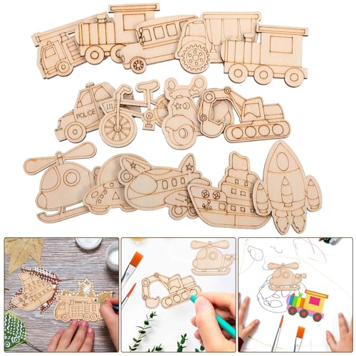 SEWACC 50pcs Truck Unfinished Wood Slices Unpainted Cutout DIY Blank Car Vehicle Bicycle Excavator Helicopter Wooden Ornaments Cutout to Paint (Mixed SEWACC