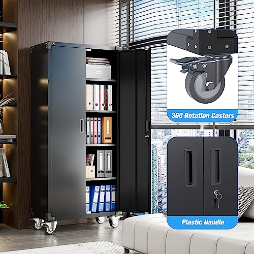 Aobabo 72 Inches Metal Garage Storage Cabinet with Wheels, Locking Metal Storage Cabinet with 4Shelves, Rolling Tool Storage Cabinet on Wheels, Aobabo