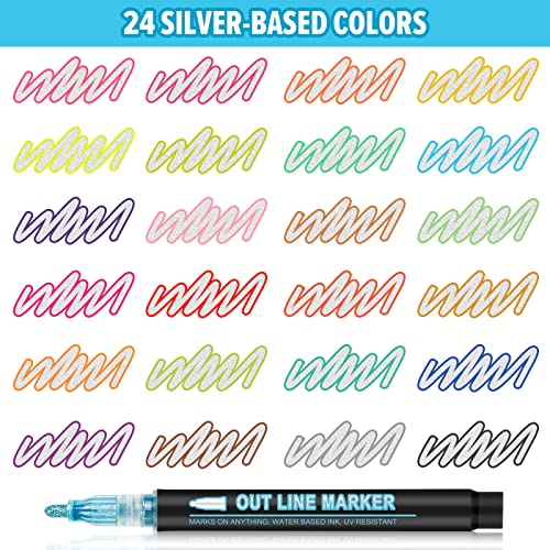 Banral Double Line Outline Markers, 24 Colors Super Squiggles Shimmer Outline Marker Set, Self Outline Metallic Glitter Doodle Drawing Markers Pens Banral