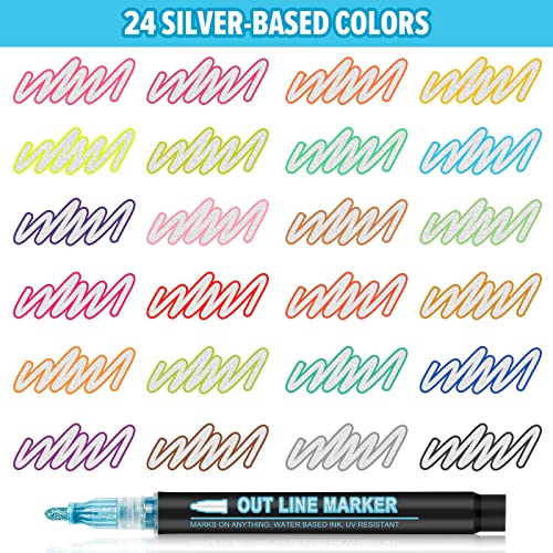 Outline Markers, Double Line Glitter Shimmer Markers Set of 8/12/24 Colors  Self-outline Metallic Markers Pens for Card Making, Lettering, DIY Art  Drawing, Journaling 