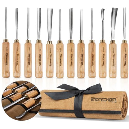 IMOTECHOM 12-Pieces Woodworking Wood Carving Tools Chisel Set with Canvas Bag, Razor Sharp CR-V 60 Steel Blades - WoodArtSupply