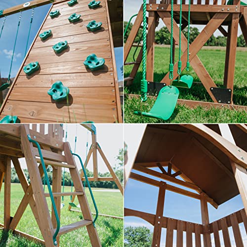 Backyard Discovery Lightning Ridge All Cedar Wooden Swing Set, Raised Clubhouse, 2 Belt Swings, 10 Inch Wave Slide, Ladder, Climbing Rock Wall Brown Backyard Discovery