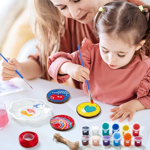 Wood Slices Kit, Shuttle Art 35 PCS Unfinished Natural Wood Slices with Pre-Drilled Hole, Acrylic Paint, Permanent Markers, Jute Twine, DIY Craft for Shuttle Art