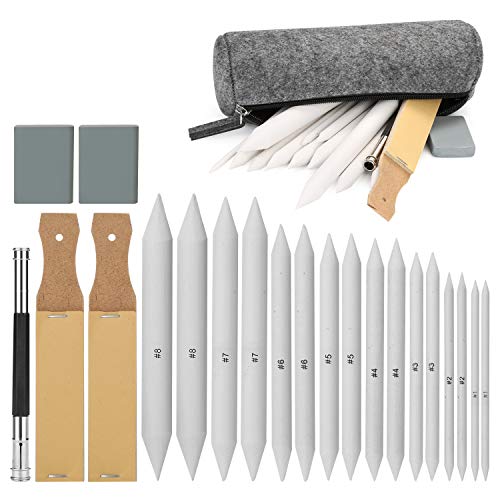 AGPTEK 22 PCS Sketch Drawing Tools, 16 Blending Stumps Set with 2 Sandpaper Pencil Sharpeners, 1 Pencil Extension Tool, 2 Erasers & 1 Felt Bag for AGPTEK